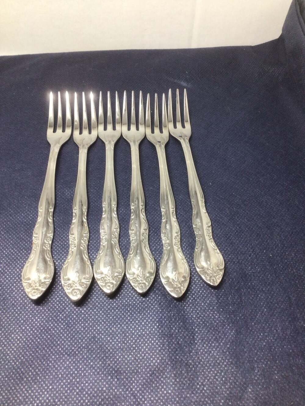 Imperial stainless Fleurette lot of 6 cocktail forks 5 3/4" NM polished